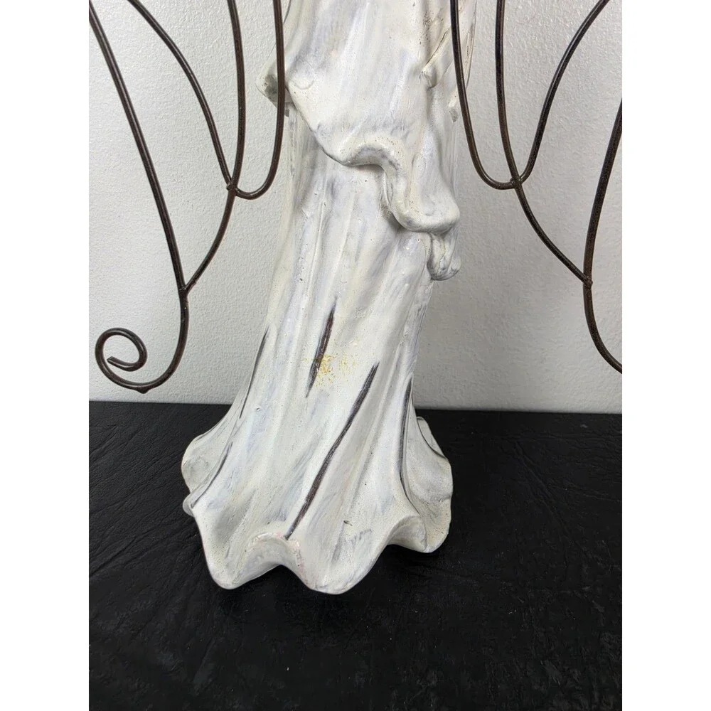 Vintage Rustic White Christmas Angel Figurine With Metal Wings Gold Trumpet 11